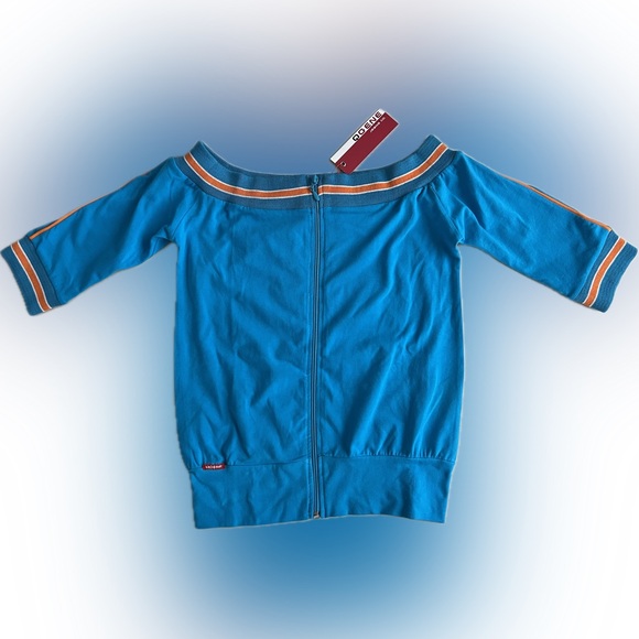 🆕Retro-Style Zip-Up 3/4 Sleeve Shirt | Turquoise | Orange/White Ribbing | Small - Picture 2 of 16